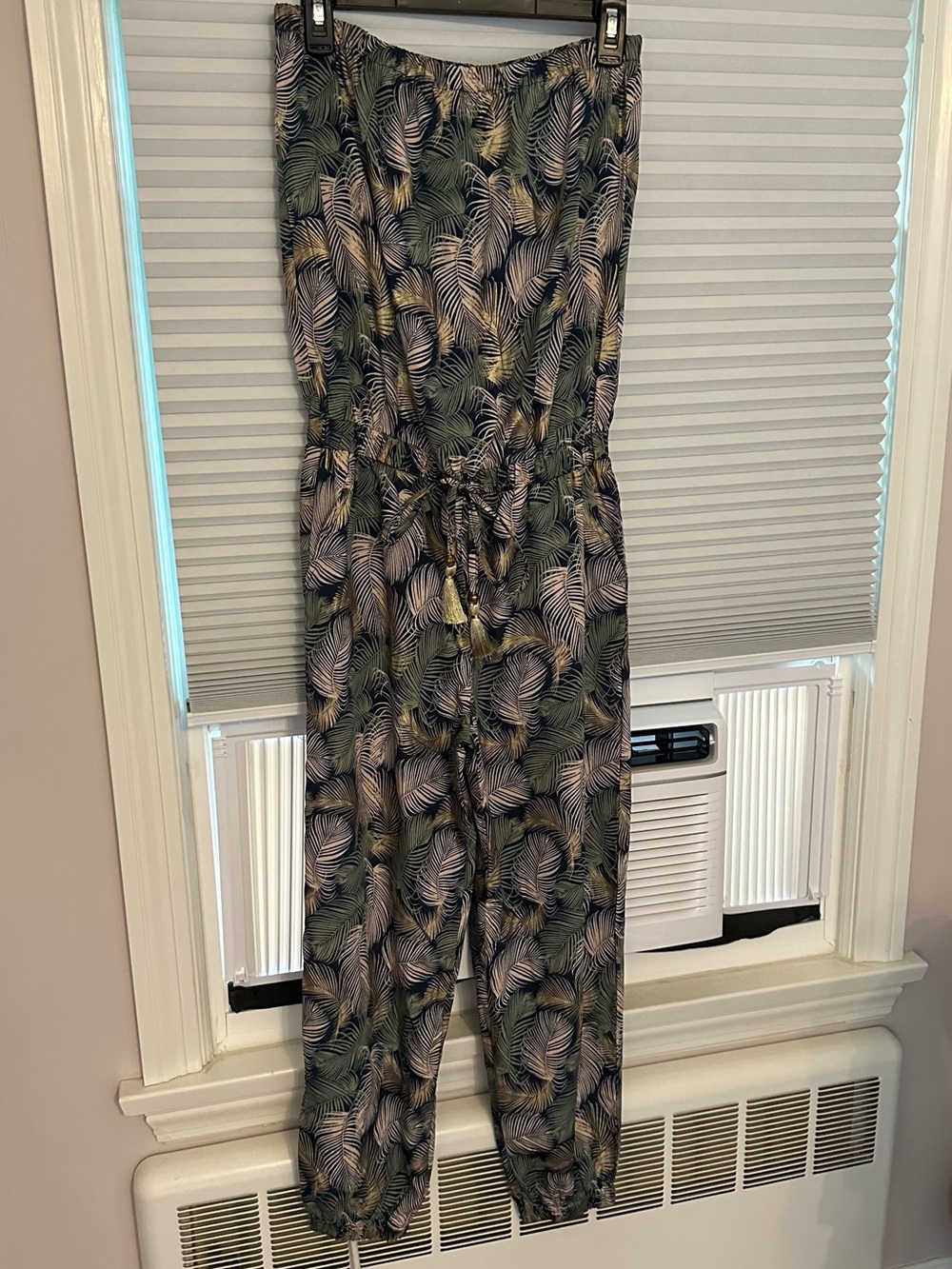 Tropical Leaf Print Strapless Jumpsuit